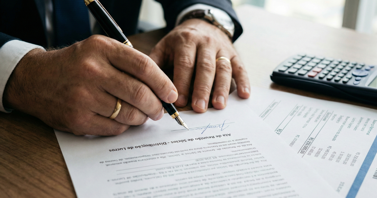 Empresário assinando ata de reunião de sócios para formalizar a distribuição de lucros sem imposto.