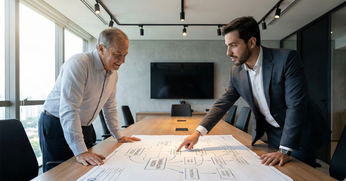 Contador especialista em consultoria de proteção de dividendos apresentando plano societário para empresário.