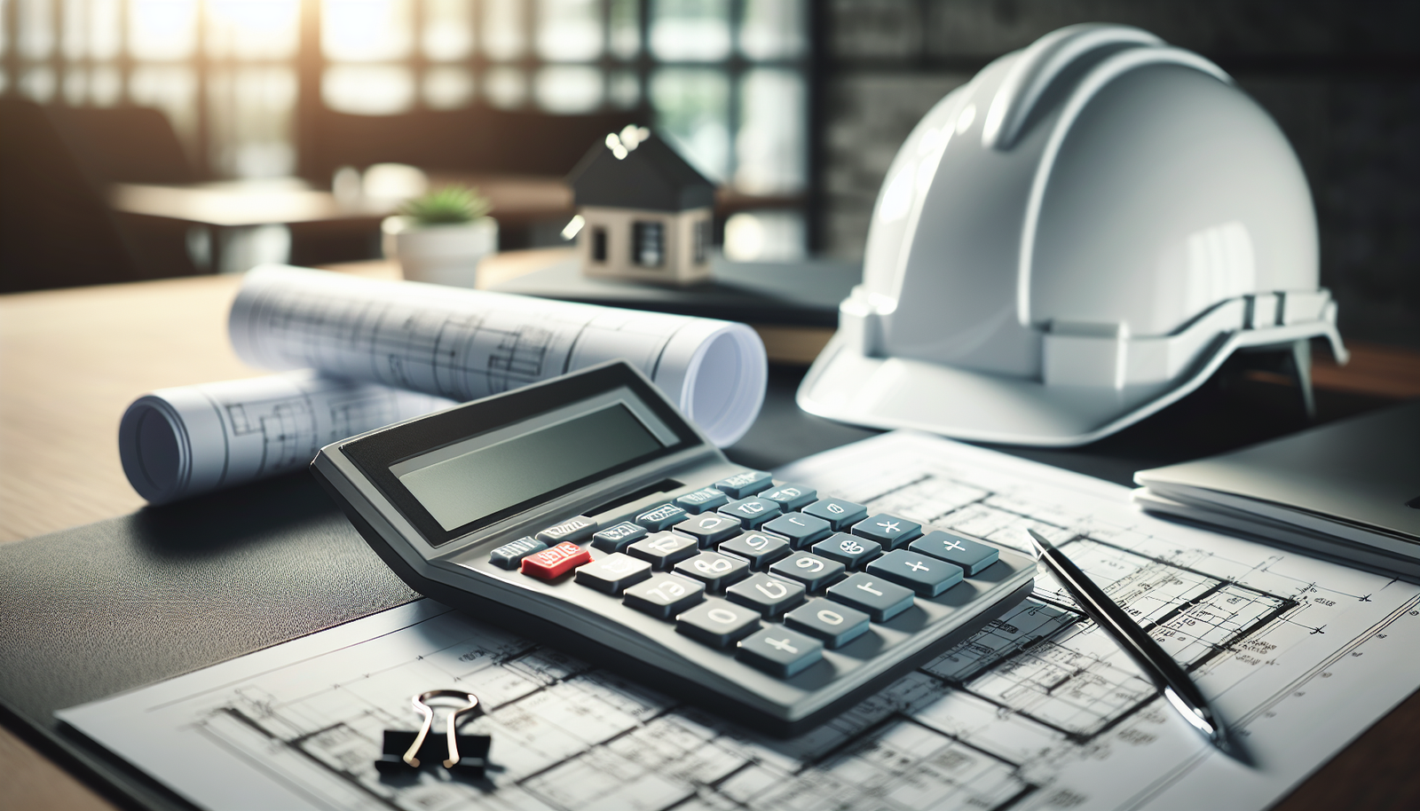 Calculadora e planta de projeto em mesa de escritório, simbolizando como calcular o INSS da obra (CNO).