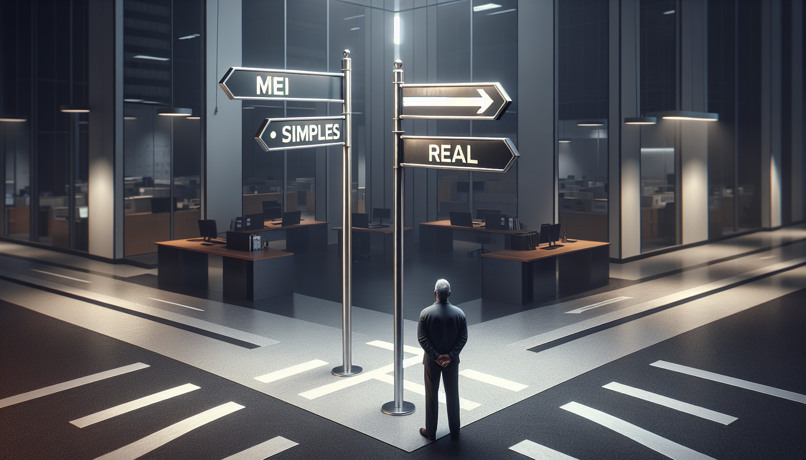 Empresário em encruzilhada escolhendo o melhor regime tributário (MEI, Simples, Presumido ou Real) para proteger dividendos.