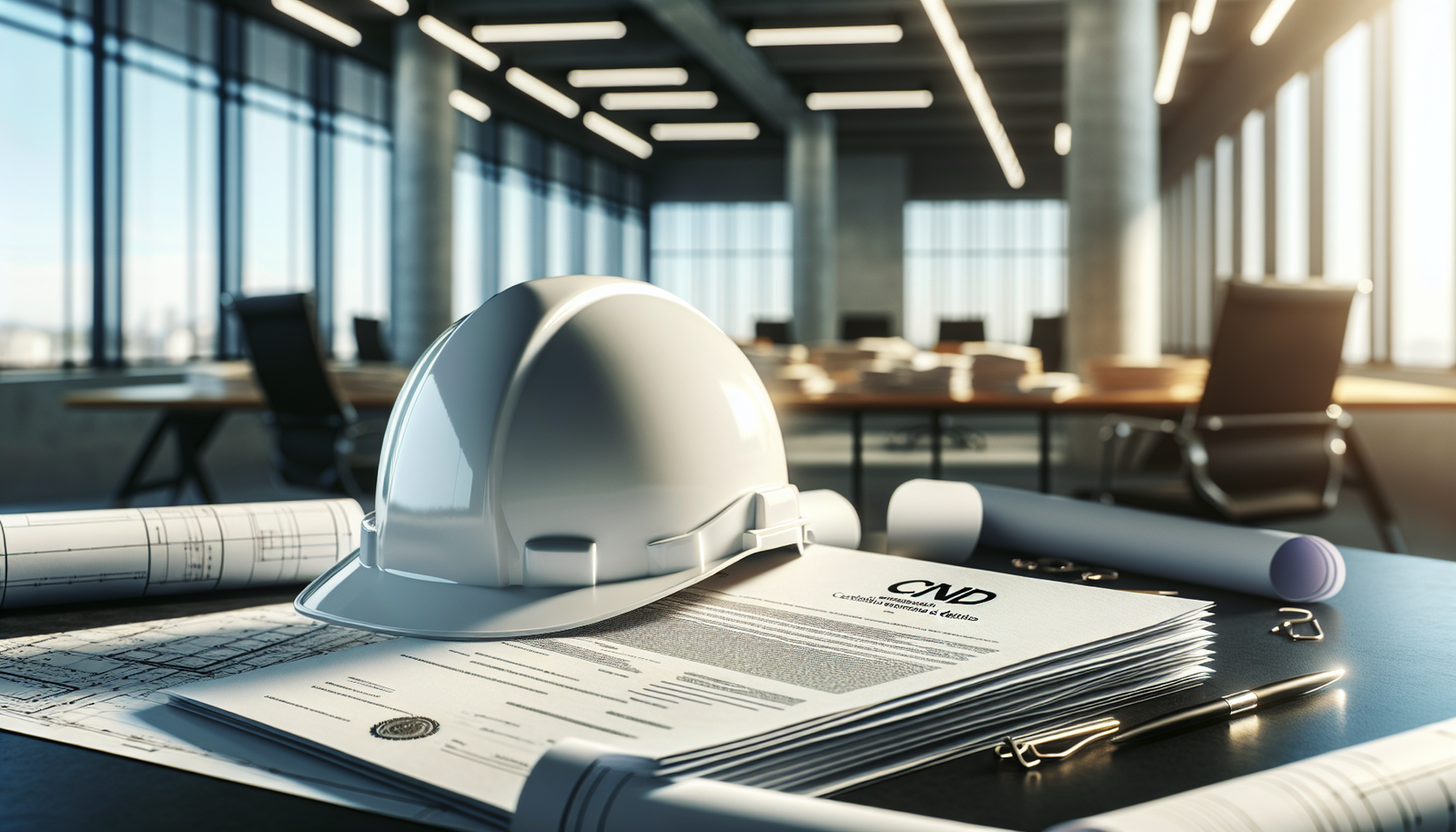 Capacete de obra e CND (Certidão Negativa) sobre a mesa, simbolizando a regularização de obras concluída.