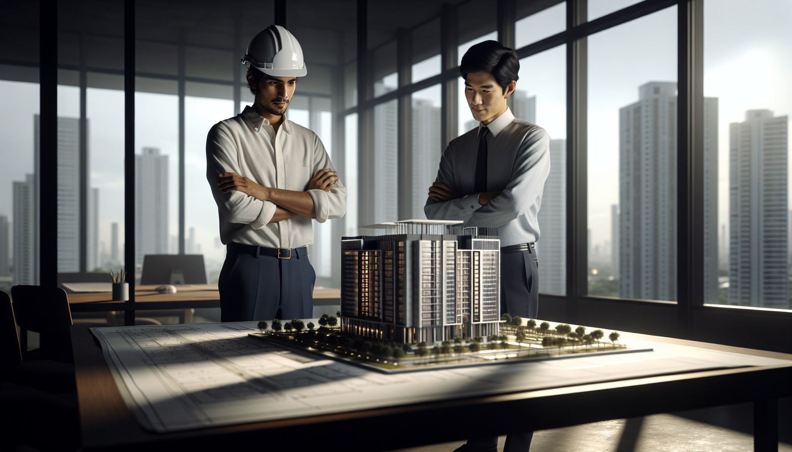 Contador consultivo e engenheiro analisam maquete de prédio, planejando a adesão ao RET na construção civil para reduzir impostos.