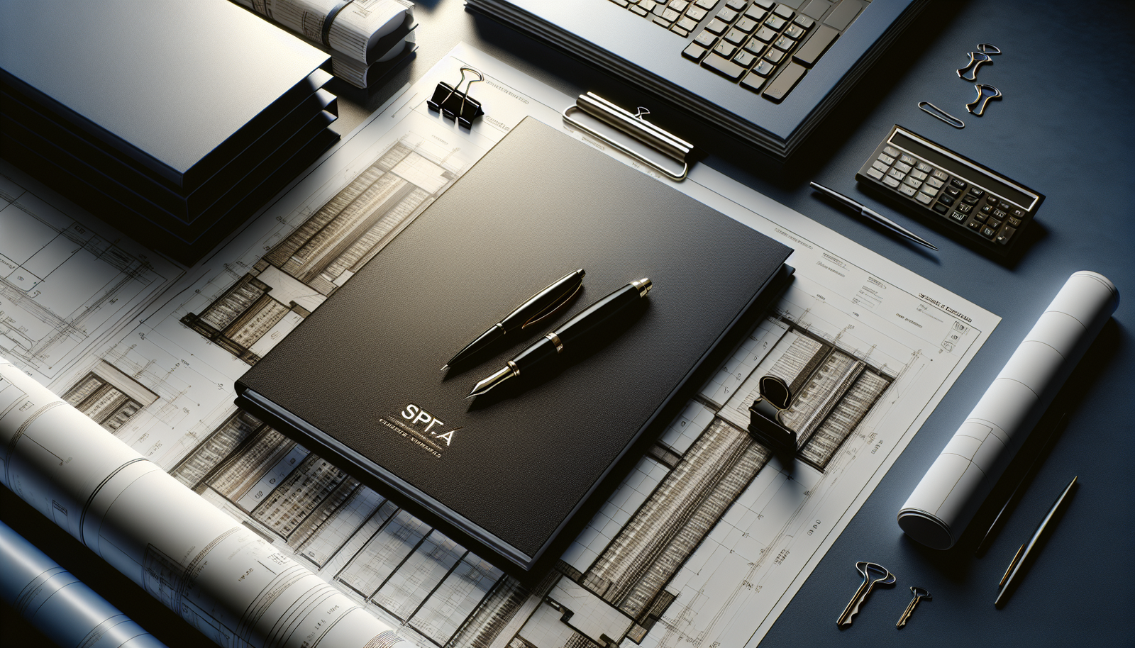 Mesa de construtora com documentos SPE e SCP sobre planta de obra, simbolizando a escolha da melhor estrutura societária.