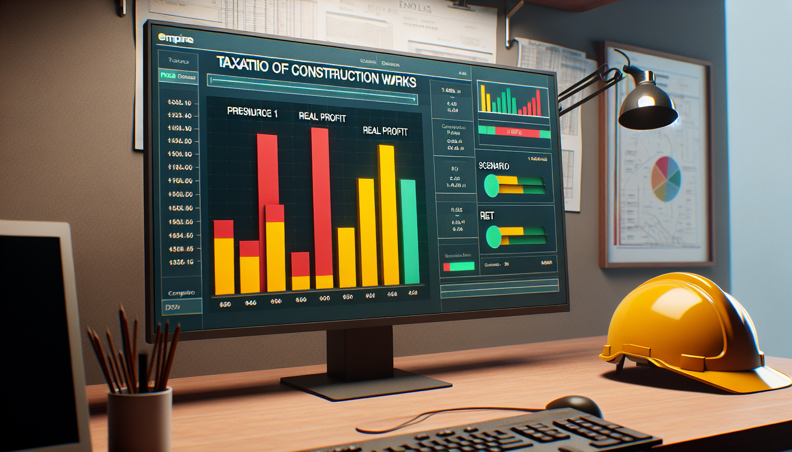 Tela de computador comparando a tributação de obras (RET, Lucro Presumido e Real) para uma construtora em 2025/2026.