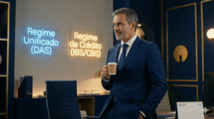 Empresário decidindo entre manter o Simples Nacional unificado ou optar pelo crédito de IBS e CBS.