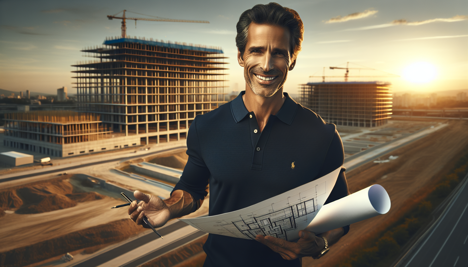 Empresário satisfeito com a conclusão e regularização de sua obra de construção civil.